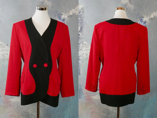 1990s Red & Black Blazer | French Vintage Wool Blend Color Block Double-Breasted Jacket | Large