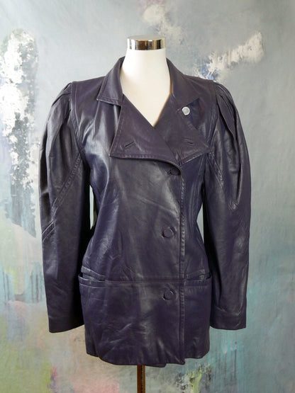 1980s Vintage Purple Leather Jacket with Puff Sleeves | Medium