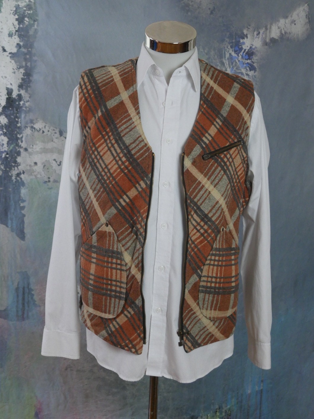1980s Wool Vest | Vintage Rust Beige & Gray Wool Plaid | Large