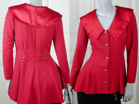 1980s Red Blazer | British Vintage Princess Diana Style Tunic Jacket w Satin Portrait Collar & Peplum Paneled Waistline | Small