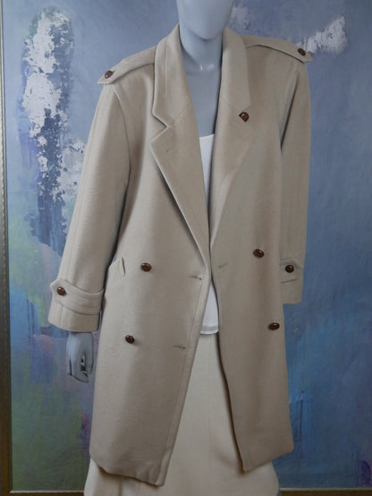 1980s Wool Coat | German Vintage Creamy Beige Lambswool & Cashmere Double-Breasted Overcoat | Large