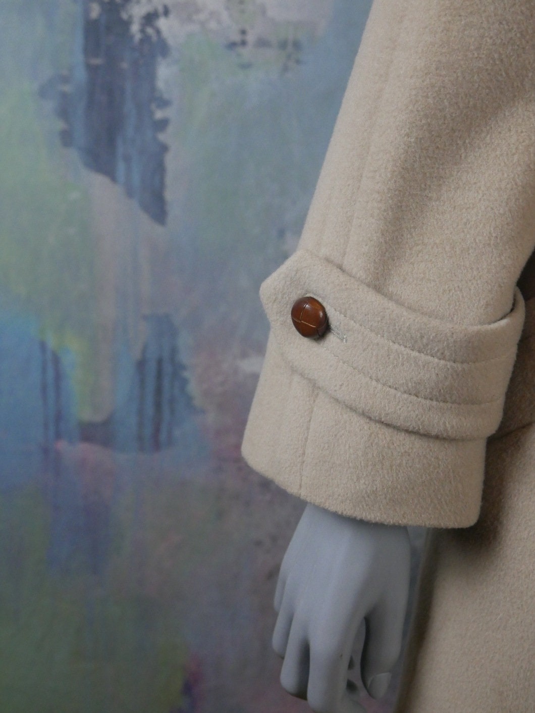 1980s Wool Coat | German Vintage Creamy Beige Lambswool & Cashmere Double-Breasted Overcoat | Large