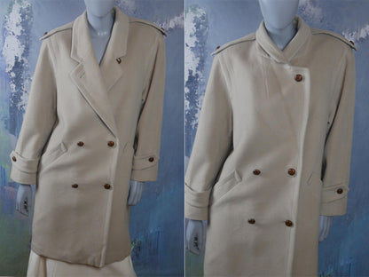 1980s Wool Coat | German Vintage Creamy Beige Lambswool & Cashmere Double-Breasted Overcoat | Large