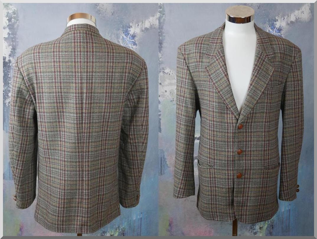 1980s Plaid Blazer | Vintage Gray Turquoise Purple & Gold Houndstooth Check Wool Mohair Blend Jacket | Large