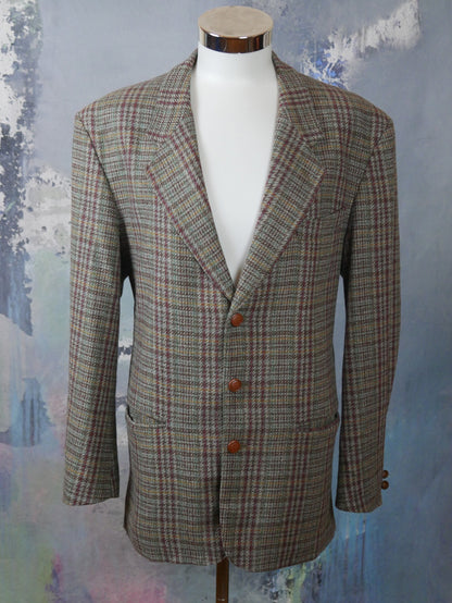 1980s Plaid Blazer | Vintage Gray Turquoise Purple & Gold Houndstooth Check Wool Mohair Blend Jacket | Large