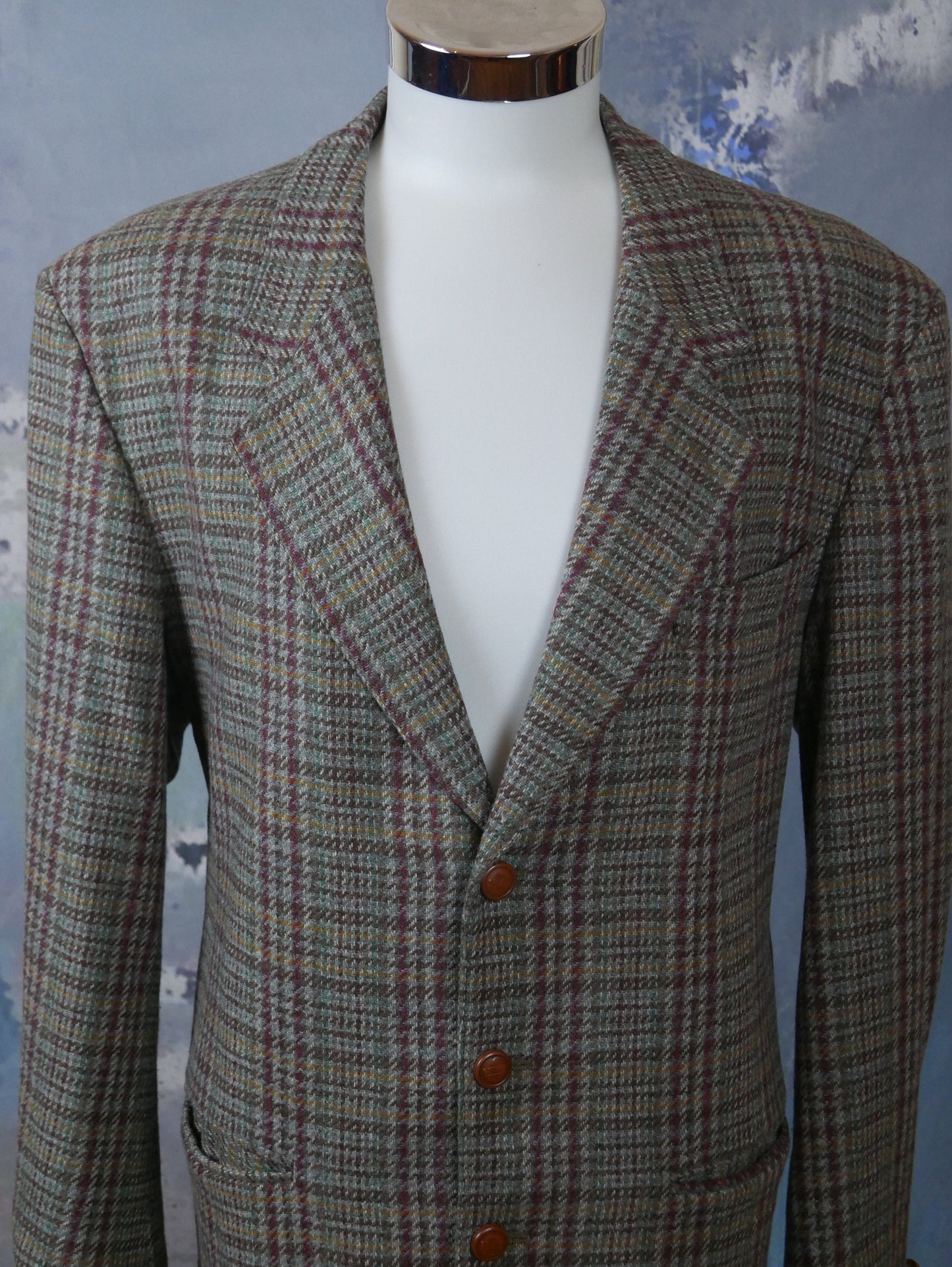 1980s Plaid Blazer | Vintage Gray Turquoise Purple & Gold Houndstooth Check Wool Mohair Blend Jacket | Large