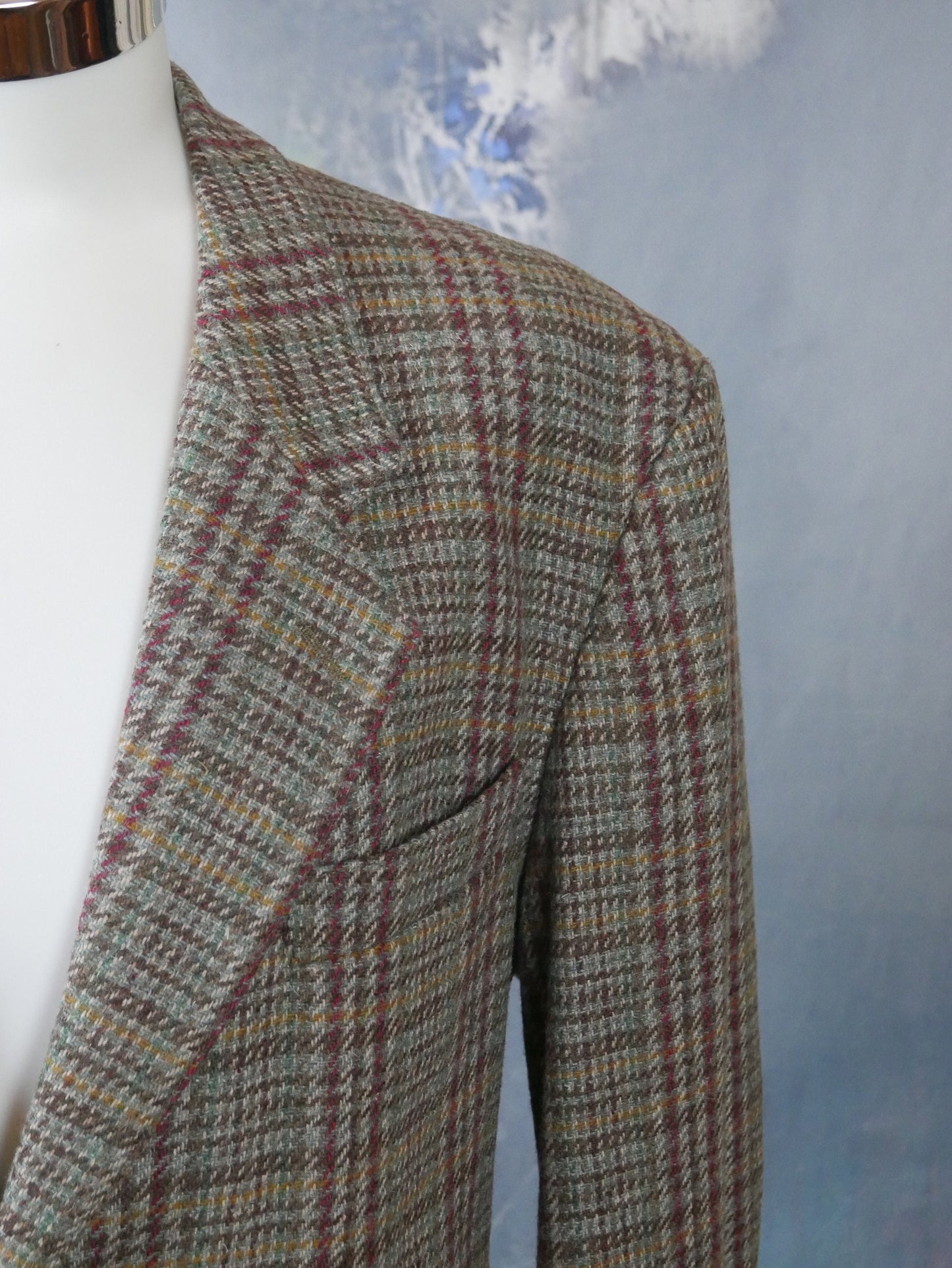 1980s Plaid Blazer | Vintage Gray Turquoise Purple & Gold Houndstooth Check Wool Mohair Blend Jacket | Large