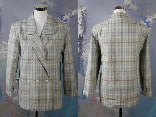 1980s Plaid Double-Breasted Blazer | European Vintage Cotton Blend Light Gray Cream & Tan Check Jacket | Large