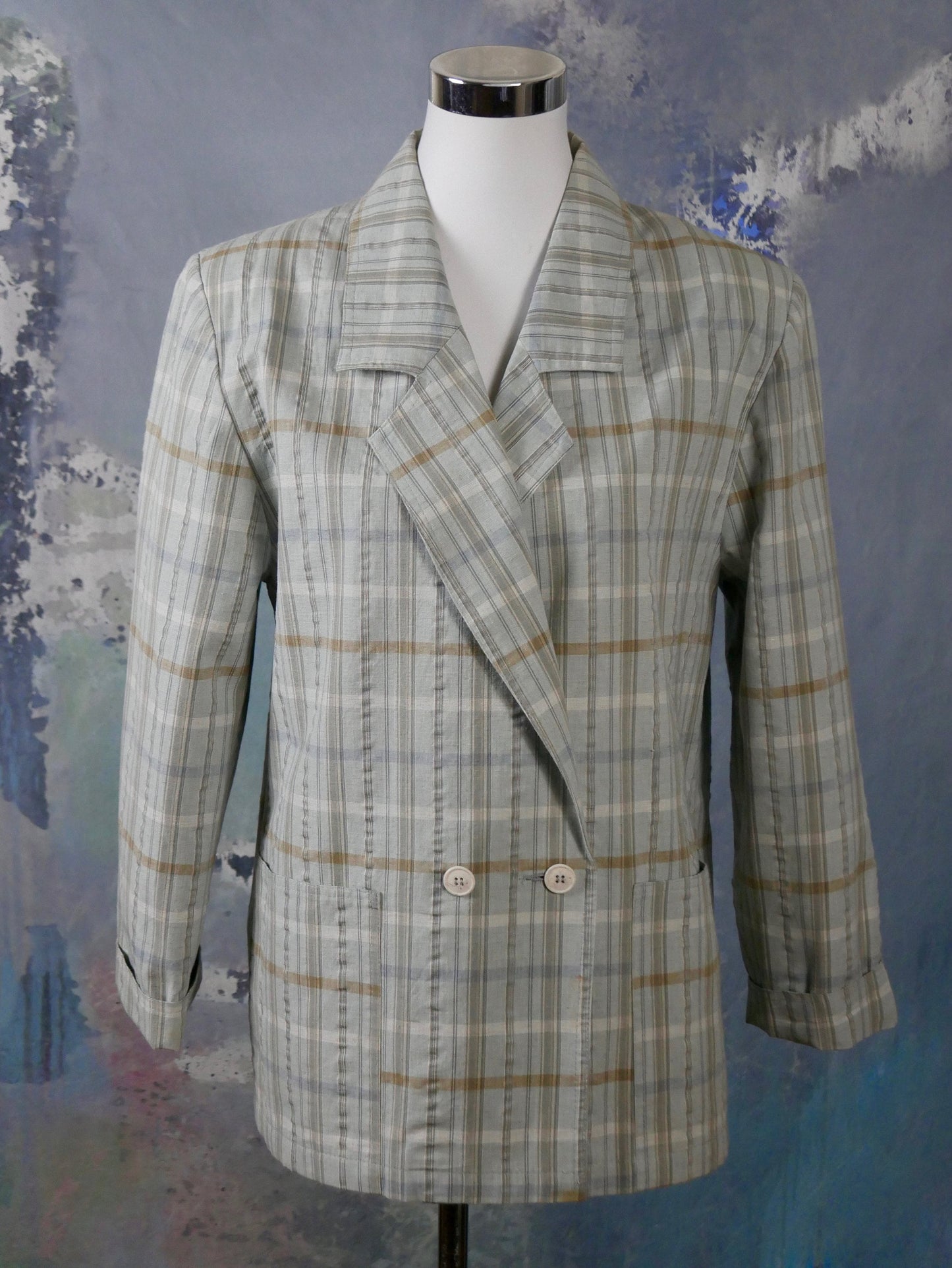 1980s Plaid Double-Breasted Blazer | European Vintage Cotton Blend Light Gray Cream & Tan Check Jacket | Large