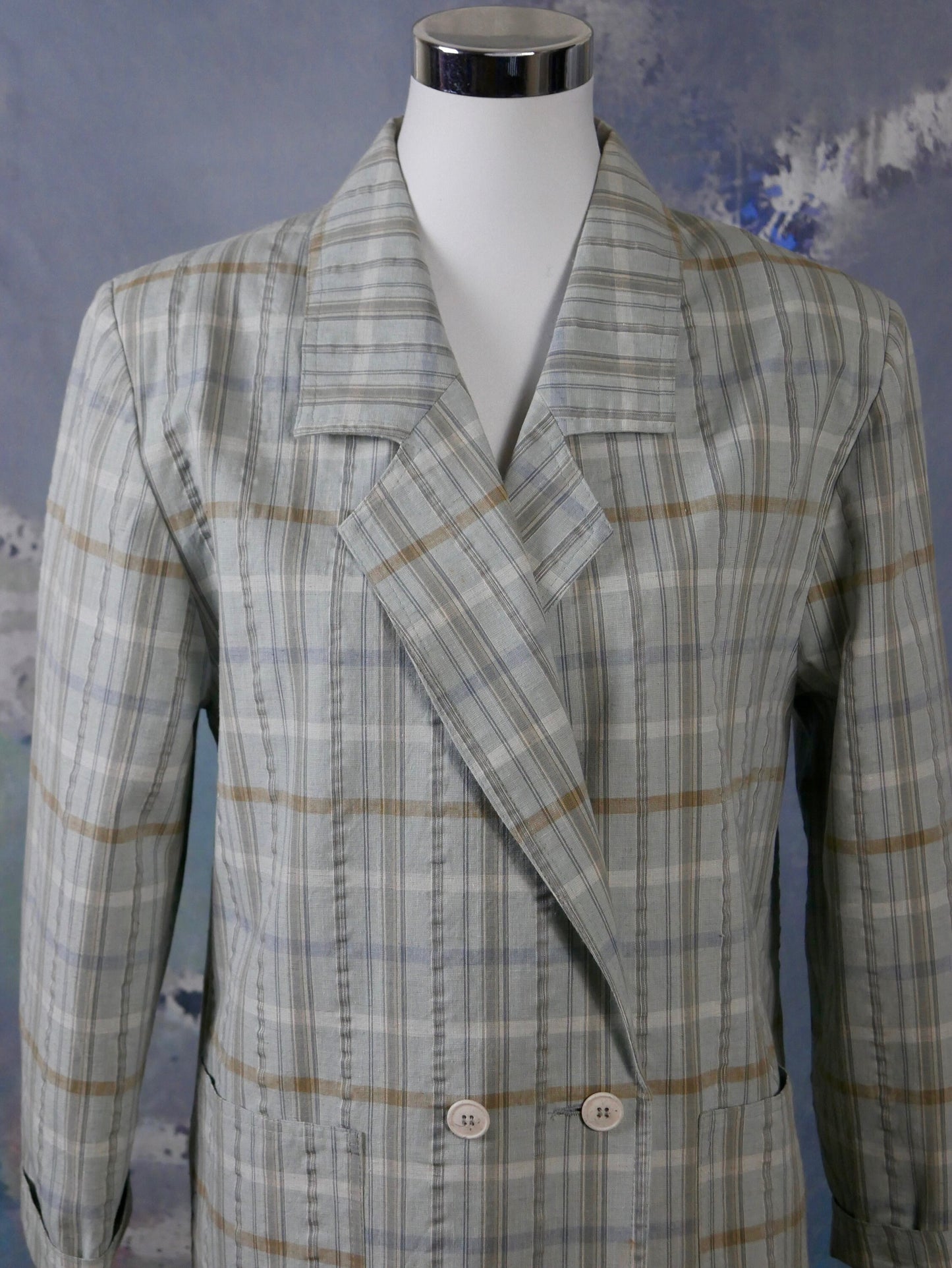 1980s Plaid Double-Breasted Blazer | European Vintage Cotton Blend Light Gray Cream & Tan Check Jacket | Large