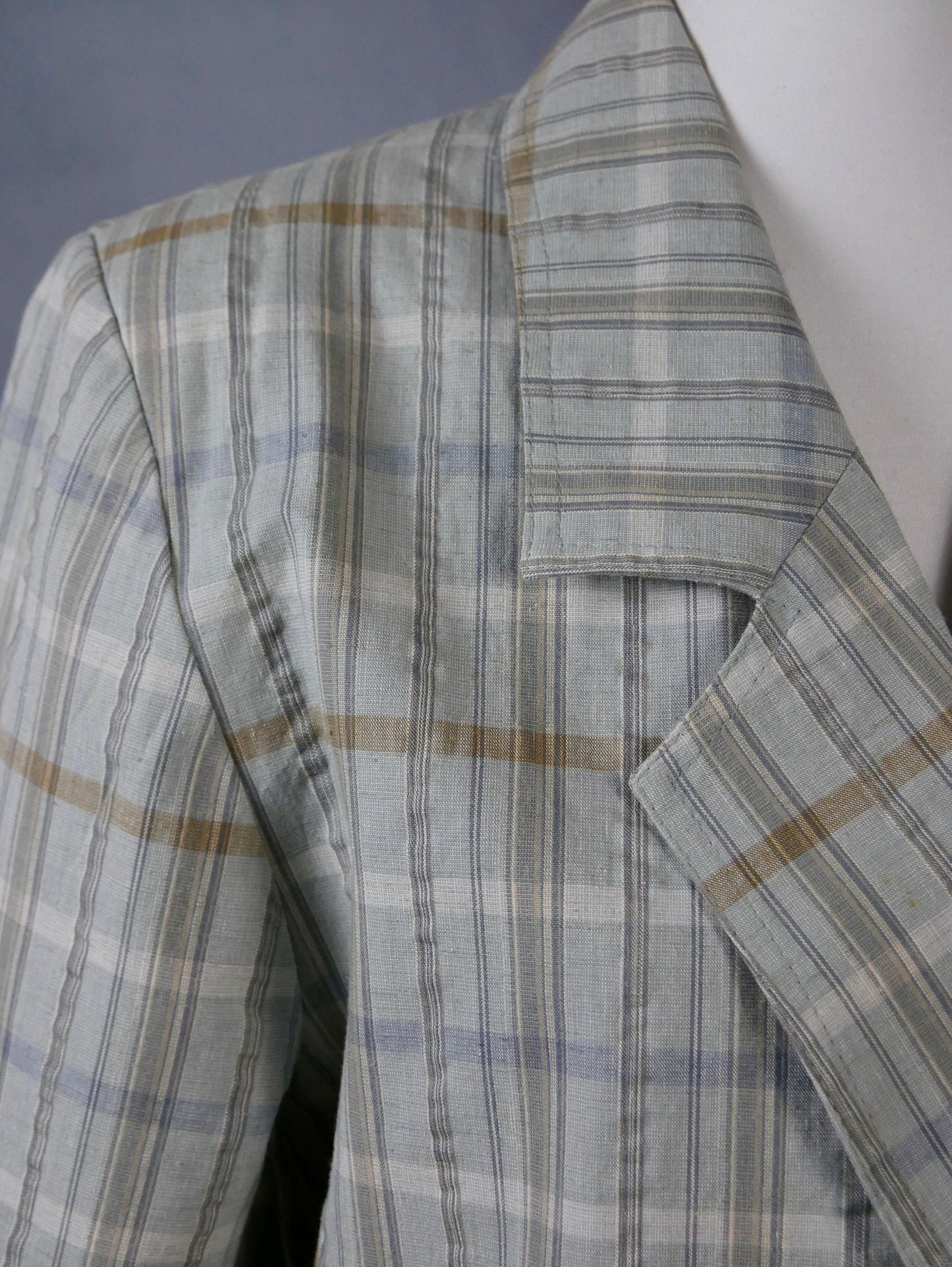 1980s Plaid Double-Breasted Blazer | European Vintage Cotton Blend Light Gray Cream & Tan Check Jacket | Large