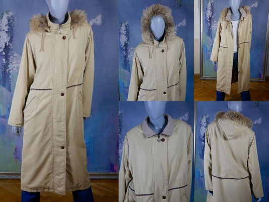 1990s Beige Raincoat | European Vintage Water Resistant Trench Coat w Detachable Fox Fur Trimmed Hood | Large up to Extra Large