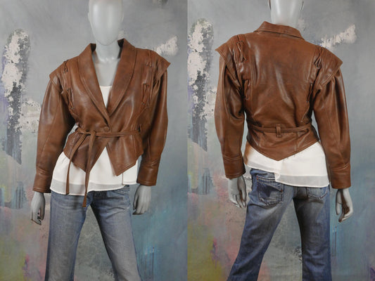 90s Italian Vintage Brown Faux Leather Jacket | Brown Retro Cropped Belted Style | Medium