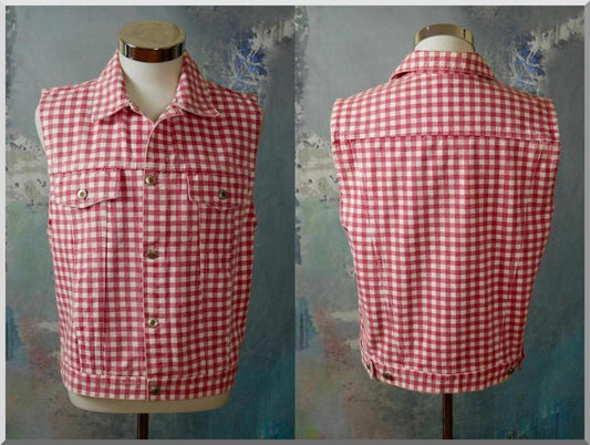 1990s Cotton Vest | Red & White Tablecloth Check Collared Button-Down Waistcoat | Medium to Large