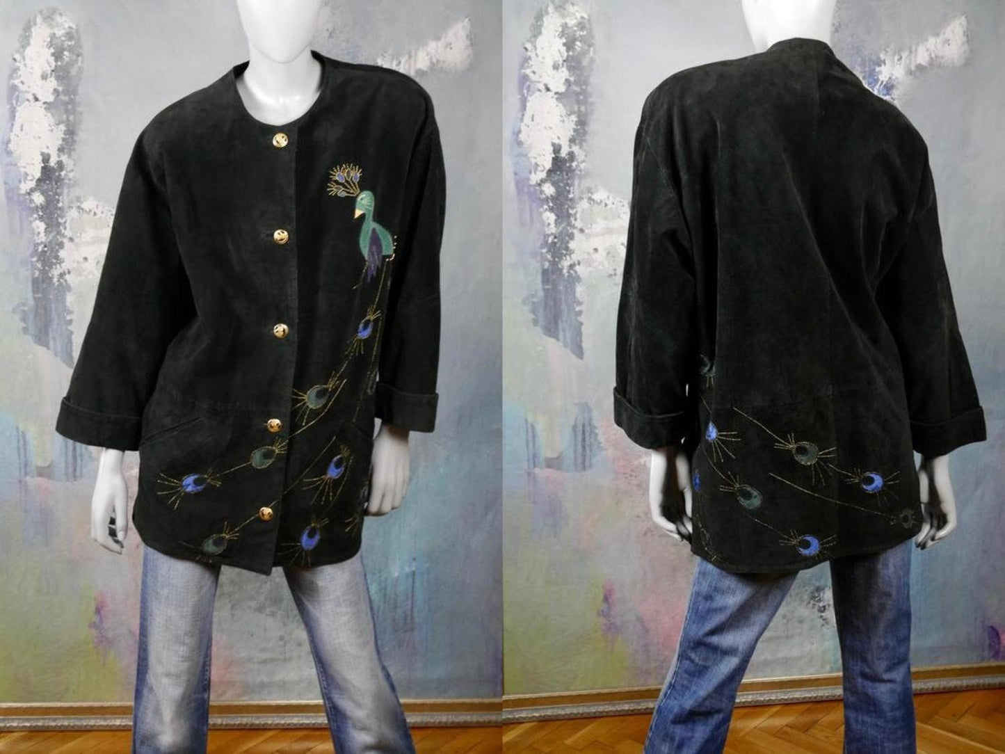 80s Vintage Black Suede Jacket with Peacock Appliqué | Extra Large