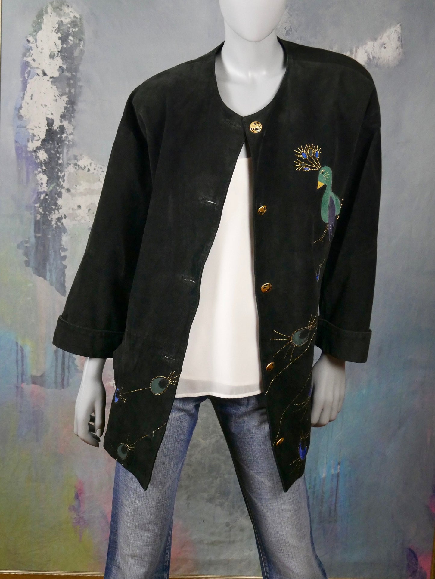 80s Vintage Black Suede Jacket with Peacock Appliqué | Extra Large