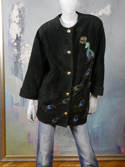 80s Vintage Black Suede Jacket with Peacock Appliqué | Extra Large