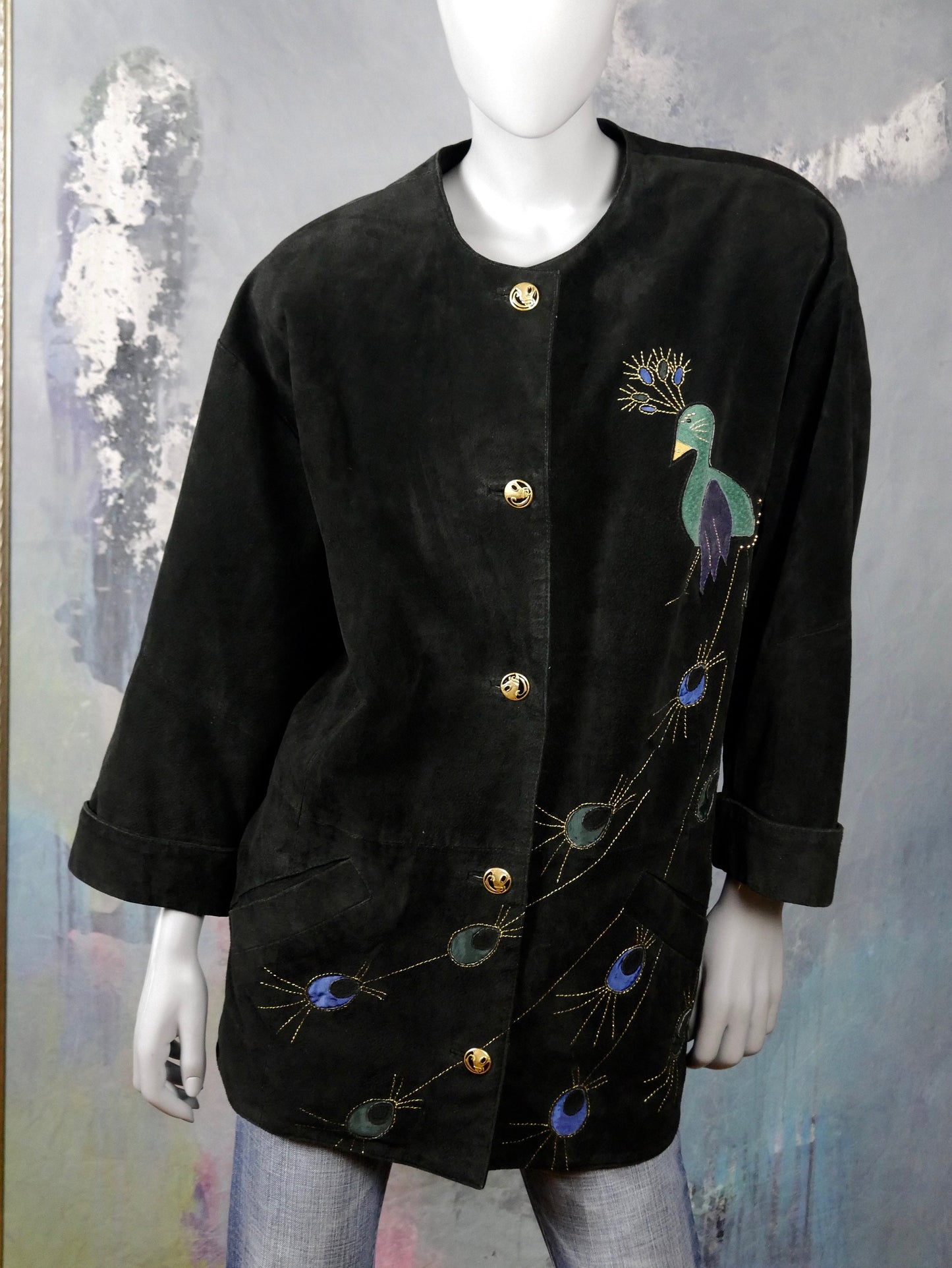 80s Vintage Black Suede Jacket with Peacock Appliqué | Extra Large