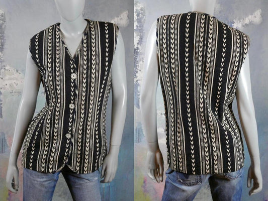 1980s Black & White Striped Vest | Swedish Vintage Cotton Weave Long Waistcoat | Medium