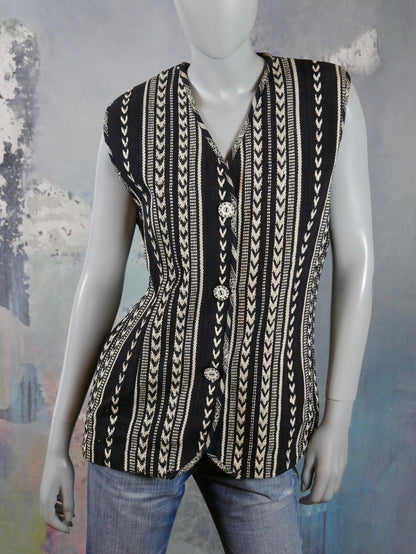 1980s Black & White Striped Vest | Swedish Vintage Cotton Weave Long Waistcoat | Medium