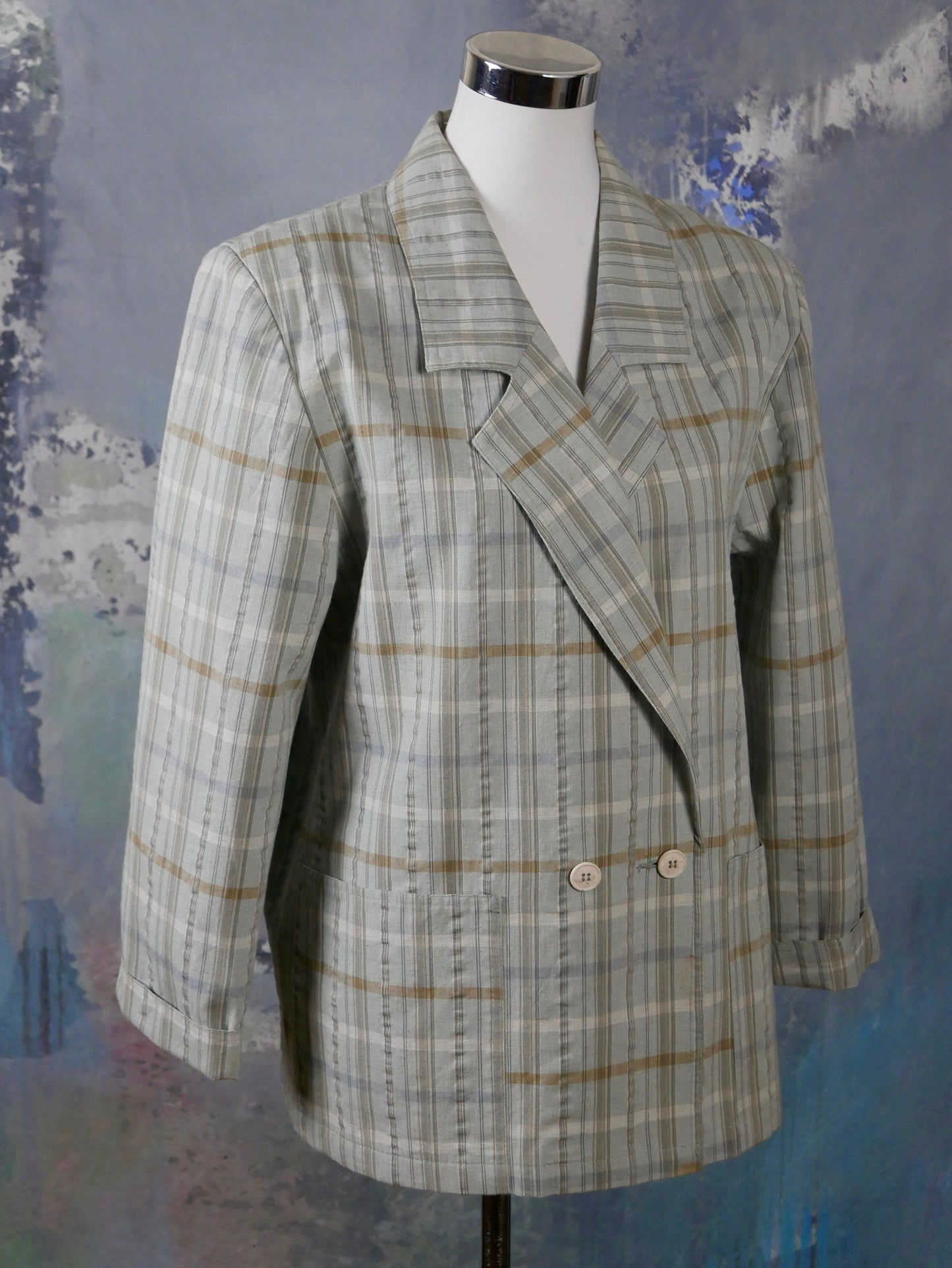 1980s Plaid Double-Breasted Blazer | European Vintage Cotton Blend Light Gray Cream & Tan Check Jacket | Large