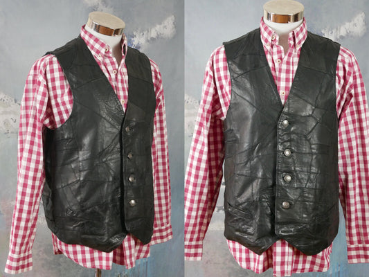 1990s Vintage Black Patchwork Leather Vest | Large