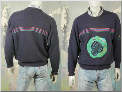1980s Vintage Golf Sweater | Nick Faldo Pringle of Scotland Blue Lightweight Cotton Pullover | Large