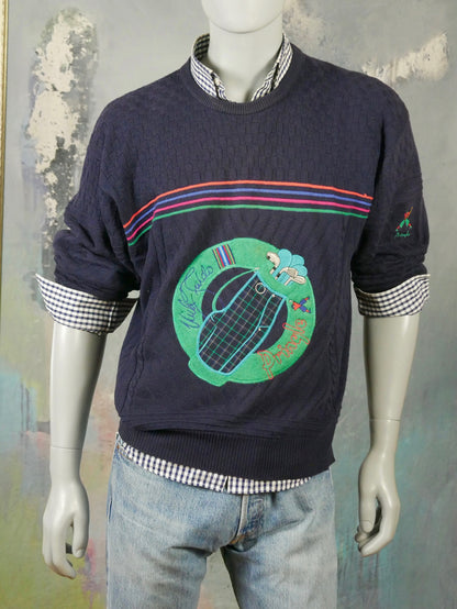 1980s Vintage Golf Sweater | Nick Faldo Pringle of Scotland Blue Lightweight Cotton Pullover | Large