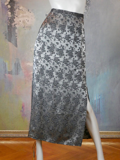 1990s Silver Satin Long Skirt | Swedish Vintage Floral Pattern Formal Skirt | Medium