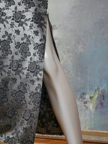 1990s Silver Satin Long Skirt | Swedish Vintage Floral Pattern Formal Skirt | Medium