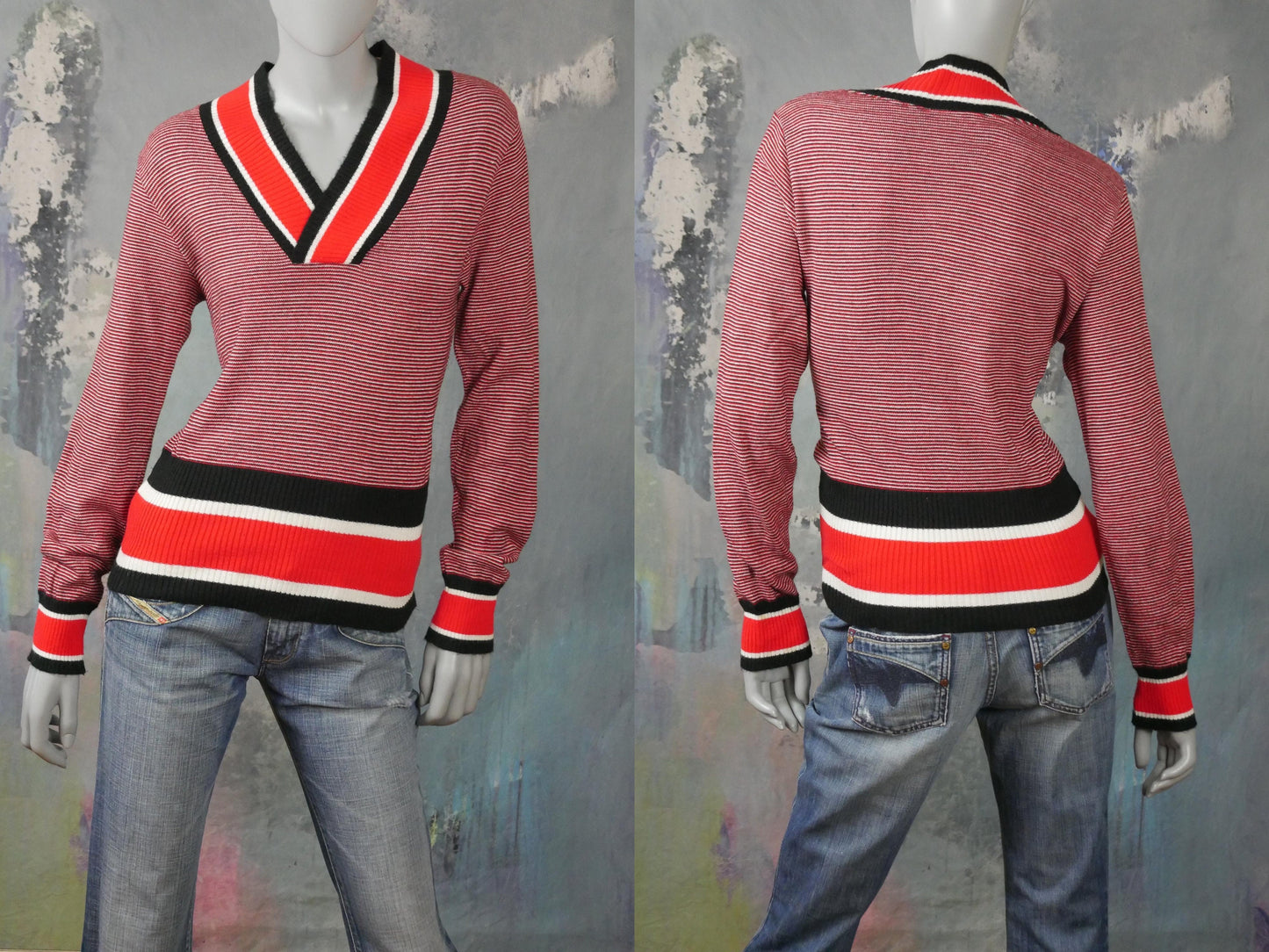 1970s British Pullover | Vintage Red Black & White V Neck Sweater | Medium