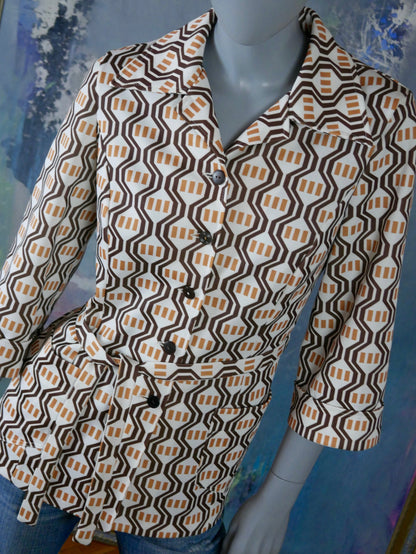 1970s Blazer Top | Cream Tan & Brown Three-Quarter Length Sleeve Wide Collar European Vintage Belted Jacket | Large
