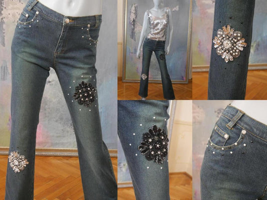 1990s Denim Flared Pants | European Vintage Soft Fade Blue Jeans w Beads Sequins & Pearls | Small