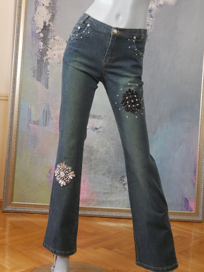 1990s Denim Flared Pants | European Vintage Soft Fade Blue Jeans w Beads Sequins & Pearls | Small