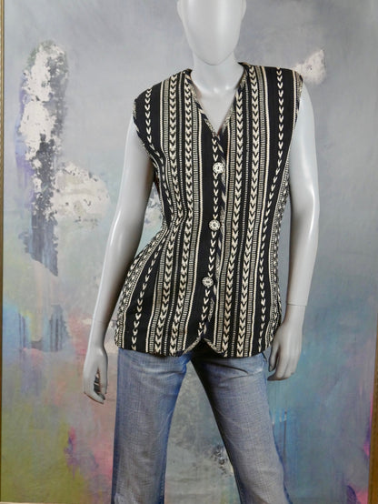 1980s Black & White Striped Vest | Swedish Vintage Cotton Weave Long Waistcoat | Medium