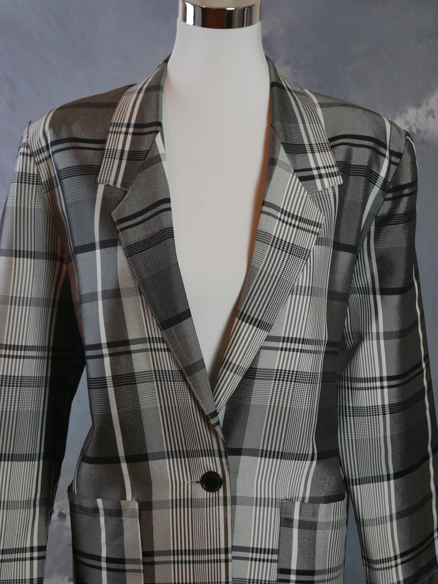 1980s Vintage Plaid Blazer, European Gray & Silver Satin Sheen Jacket | Medium