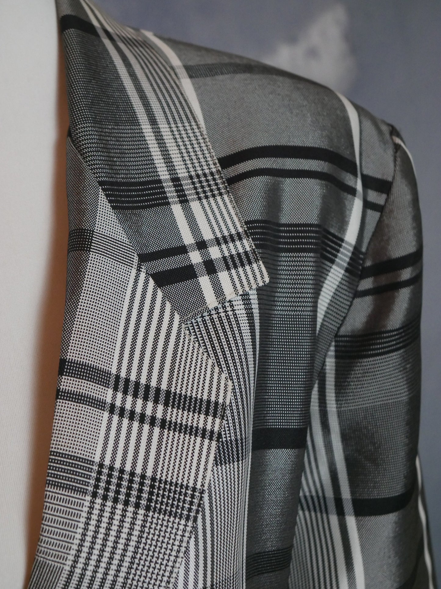 1980s Vintage Plaid Blazer, European Gray & Silver Satin Sheen Jacket | Medium