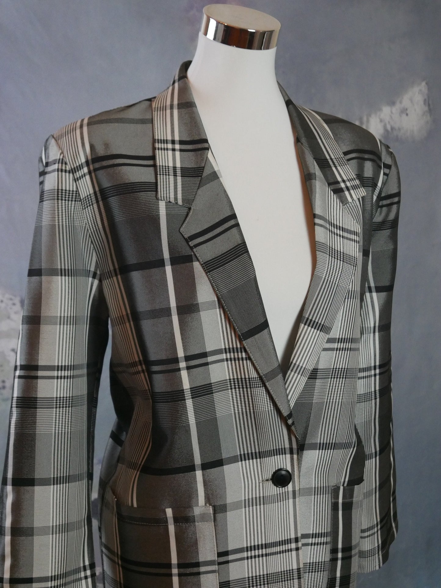 1980s Vintage Plaid Blazer, European Gray & Silver Satin Sheen Jacket | Medium