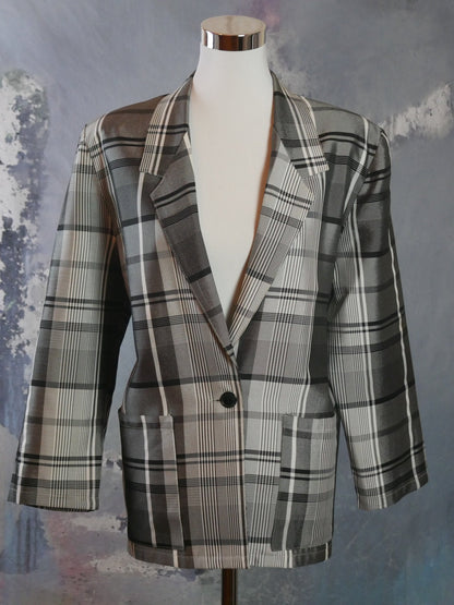 1980s Vintage Plaid Blazer, European Gray & Silver Satin Sheen Jacket | Medium