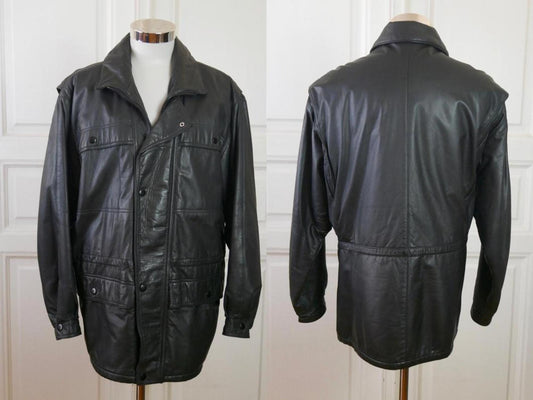 1980s Vintage Black Leather Coat | Eastern European Style | Size Extra Large