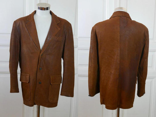 1980s Vintage Leather Jacket | Swedish Blazer Style Men's | Large