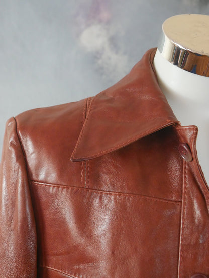 70s Leather Jacket| European Vintage Butterscotch Brown with Wide Lapels | Smal