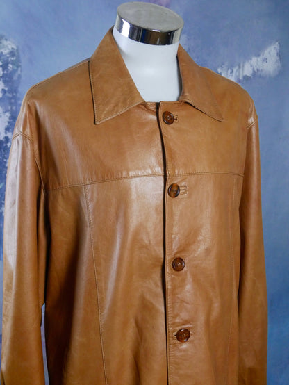 1980s Italian Vintage Camel Tan Leather Jacket | Size 48/50 US