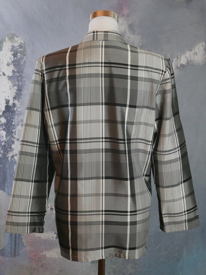 1980s Vintage Plaid Blazer, European Gray & Silver Satin Sheen Jacket | Medium