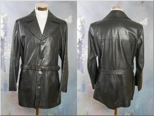 Men's 1970s Vintage Black Leather Jacket | Medium