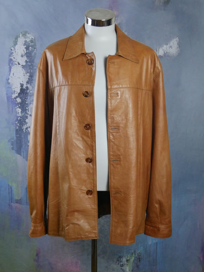 1980s Italian Vintage Camel Tan Leather Jacket | Size 48/50 US