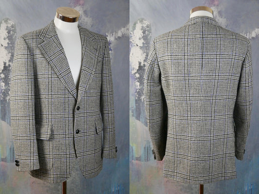 1970s Houndstooth Blazer | Swedish Vintage Gray Black and Blue Check Jacket | Medium