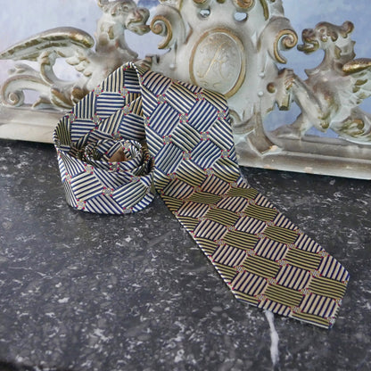 1990s Swedish Vintage Necktie | Silver Gold Black & Red Geometric Pattern Men's Tie