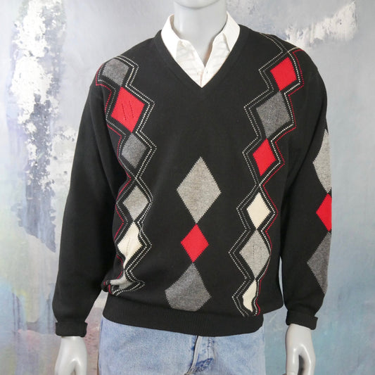 1980s Scottish Vintage Argyle Sweater | Soft Lambswool V-Neck Pullover | Large