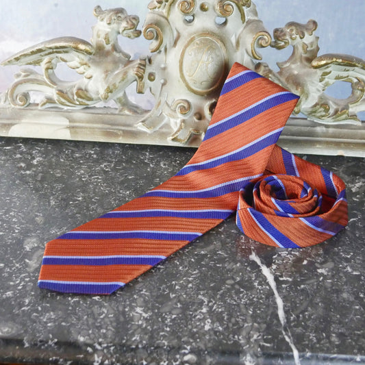 1980s Burnt Orange Necktie with Diagonal Blue Stripes | Pure Silk European Vintage